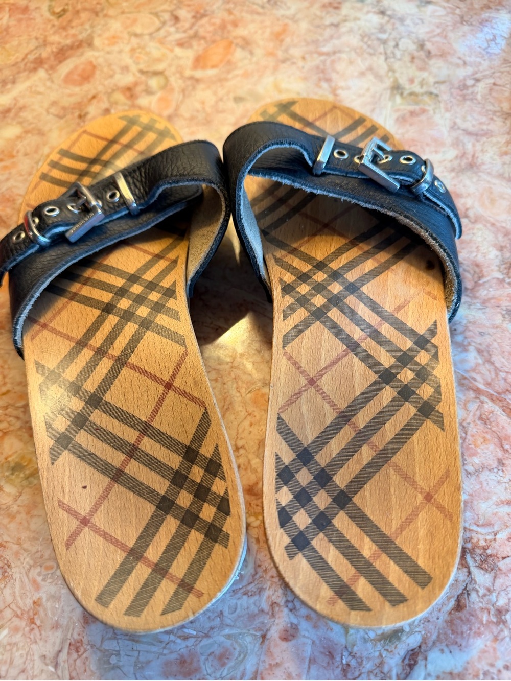 Burberry Black Leather Buckle Plaid Insole Slide Sandals - Picture 4 of 7